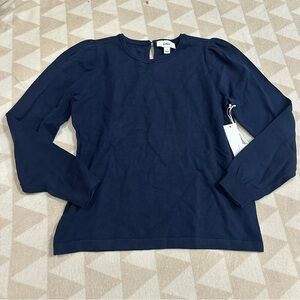 Cece navy blue crewneck sweater pearl button back